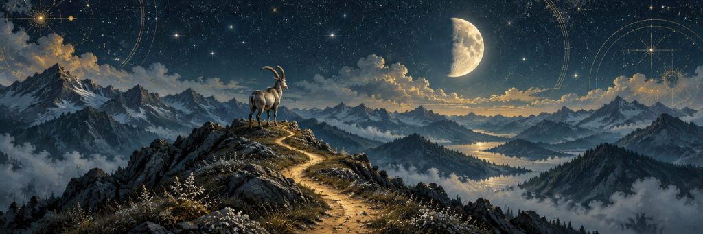 Panoramic illustration of a mountain goat above a golden trail through blue mountain ridges beneath a glowing moon and starry sky.
